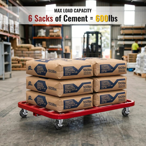 Premium Stem Casters Set Of 4 With Locking Brake used on a red cart holding six 100lb cement sacks for 600lbs total load.