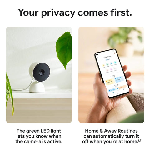 Wired Second Gen Security Camera With 1080p HDR Night Vision shown next to a smartphone displaying the Google Home app interface.