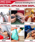 Practical application of Dremel Compatible Diamond Burr Bits Kit on diamond, glass, jade, wood, stone, alloy for engraving and polishing.