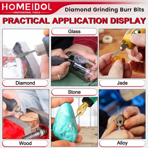Practical application of Dremel Compatible Diamond Burr Bits Kit on diamond, glass, jade, wood, stone, alloy for engraving and polishing.