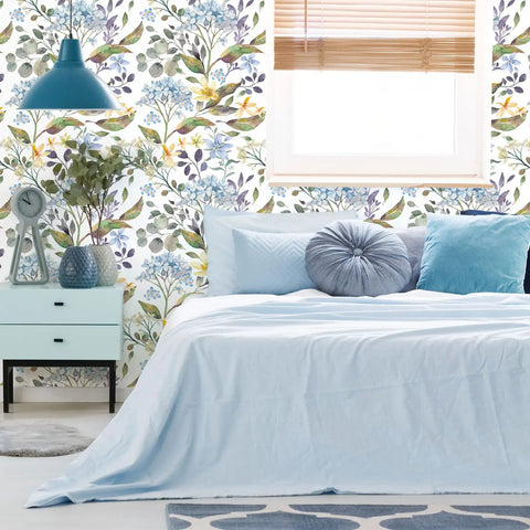Bedroom with Blue Hydrangea Floral Peel And Stick Wallpaper For Bathroom And Bedroom Vinyl Self Adhesive Wall Covering 17.7 Inch Wide By 354 Inch Long Roll About 43.5 Sq Ft Removable Matte Finish Water Resistant Easy Diy Decor For Cabinets Shelves Or Any Space on wall.