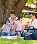 Large Capacity Insulated Cooler Bag With Leak Proof Lining For Grab And Go Outdoor Eats beside family enjoying a picnic.