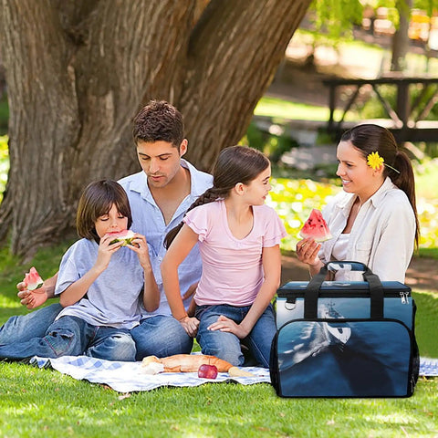 Large Capacity Insulated Cooler Bag With Leak Proof Lining For Grab And Go Outdoor Eats beside family enjoying a picnic.