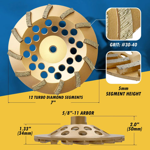 7 Inch Diamond Grinding Wheel For Concrete Or Masonry With 12 Turbo Segments, 30/40 Grit, Medium Bond, 5/8-11 Arbor, Wet Or Dry Use, Ideal For Grinding, Cleaning, Leveling And Coating Removal