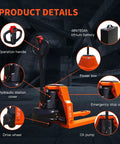 Close-up of Robust 4400 Lb Capacity Motorized Electric Pallet Jack Truck With Standard Forks detailing battery, operation handle, and hydraulic components.