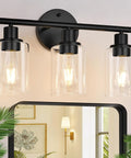 Three Light Matte Black Bathroom Vanity Light Fixtures With Clear Glass Shades for Mirror Kitchen Living Room Hallway