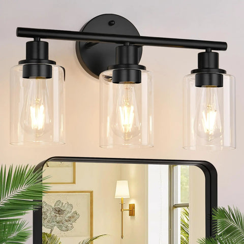 Three Light Matte Black Bathroom Vanity Light Fixtures With Clear Glass Shades for Mirror Kitchen Living Room Hallway