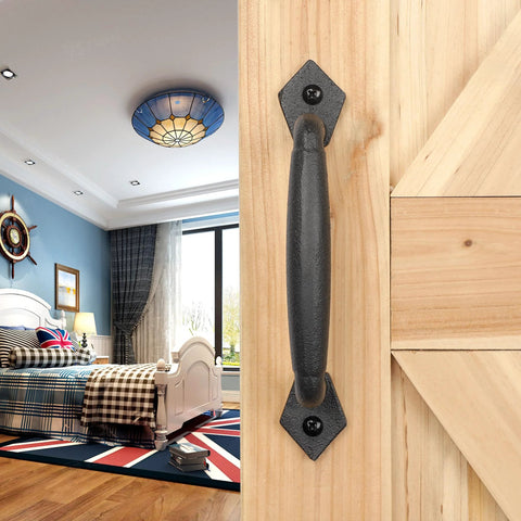 Rustic 8 Inch Heavy Duty Barn Door Pull Handle For DIY Sliding Barn Door Gate Shed Garage Matte Black Round Solid Metal Construction With Craftsman Grade Mounting Hardware Included installed on wooden door