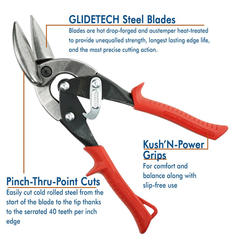 Aviation snips set with left- and right-cut offset tinner shears; red handles and steel blades.