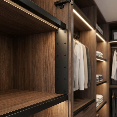 Heavy Duty 4 Pack Stainless Steel Flat Mending Plates for Shelf Support and Wood Furniture Fixes in a wooden wardrobe