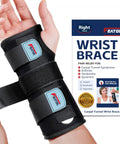 Totally Comfortable Carpal Tunnel Wrist Support For Night Sleep And All Day Wear For Men And Women Pain Relief From Tendonitis Arthritis And Sprains Right Hand Medium Large showing black wrist brace on hand next to product box.