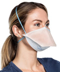 Side view of a woman wearing an N95 Duckbill Respirator Mask For Everyday Use, ASTM Level 3 Protection, Regular Size, Orange.