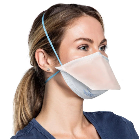 Side view of a woman wearing an N95 Duckbill Respirator Mask For Everyday Use, ASTM Level 3 Protection, Regular Size, Orange.