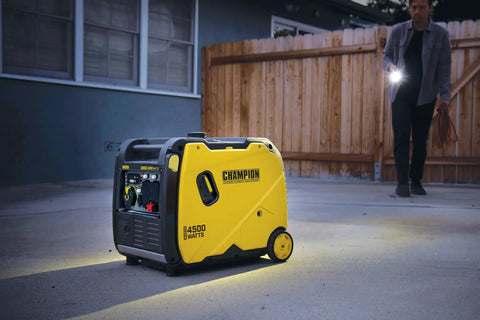 4500 Watt RV Ready Portable Inverter Generator With Crazy Quiet Technology and Long Run Time showing side view at night