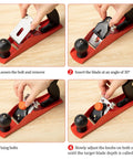 Adjustable Wooden Hand Planer Features An Extra Thick Steel Blade Barbell Depth Lock shown in 4 steps for blade adjustment.