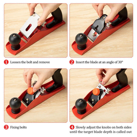 Adjustable Wooden Hand Planer Features An Extra Thick Steel Blade Barbell Depth Lock shown in 4 steps for blade adjustment.