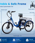 Three Wheel Electric Tricycle For Adults And Seniors With Dual Parking Brakes And Dual Disc Brakes, 71in x 28in frame diagram