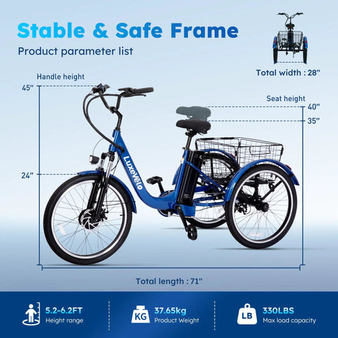 Three Wheel Electric Tricycle For Adults And Seniors With Dual Parking Brakes And Dual Disc Brakes, 71in x 28in frame diagram