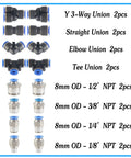 MSAEIQUN blue PU pneumatic tubing kit with brass NPT fittings (8mm OD): Y-3-way, straight, elbow, tee unions; 2 pcs.