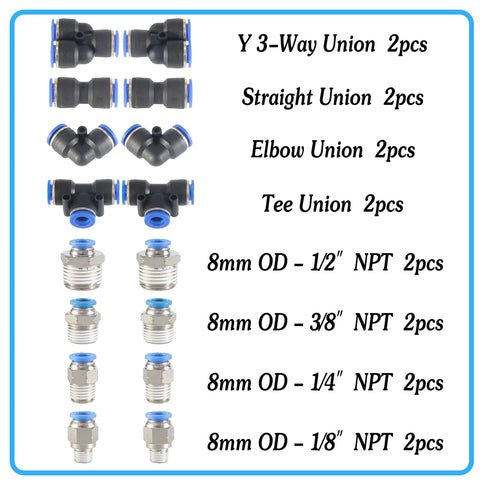 MSAEIQUN blue PU pneumatic tubing kit with brass NPT fittings (8mm OD): Y-3-way, straight, elbow, tee unions; 2 pcs.