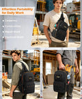 Heavy Duty Hvac Tool Bag And Electrician Chest Pouch With Heavily Reinforced Stitching And Compact Polyester Frame For Snug Cabinet Fits And Badass Job Site Carry Gear worn by a man at a construction site.