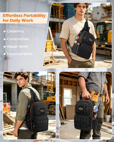 Heavy Duty Hvac Tool Bag And Electrician Chest Pouch With Heavily Reinforced Stitching And Compact Polyester Frame For Snug Cabinet Fits And Badass Job Site Carry Gear worn by a man at a construction site.
