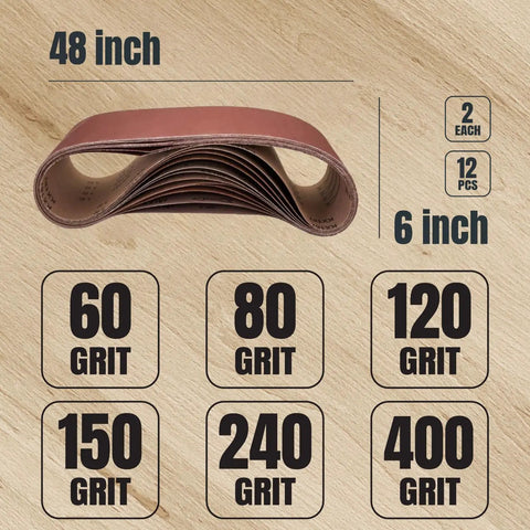 6 By 48 Inch Sanding Belts Set, 12 Pack With Grits 60 80 120 150 240 400 Aluminum Oxide For Bench Belt Sander displayed on wood