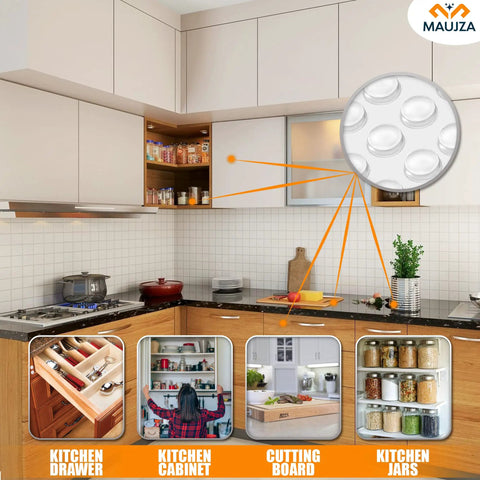 Soft Close Cabinet Bumpers Kit 128 Pieces for noise dampening and surface protection shown in kitchen setting with examples on cabinets and drawers