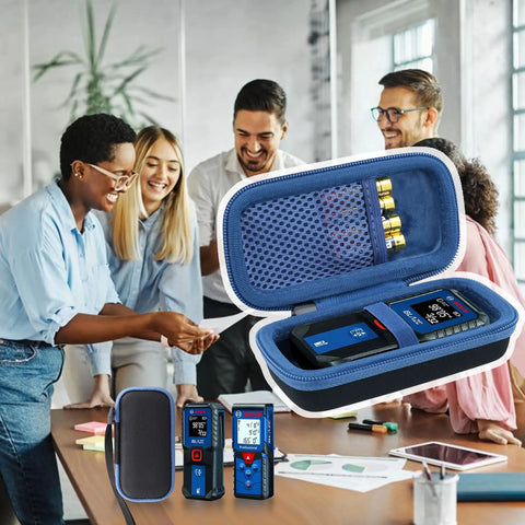 Blue Hard Case For Bosch GLM100-23 And GLM165-40 Distance Measure, Protective EVA Shell Travel Box, Shockproof And Dustproof, Keeps Your Laser Distance Meter Safe And Ready To Roll. Open blue EVA case holding Bosch laser distance meters.