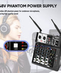 4 Channel Audio Mixer For Karaoke And DJ Sessions With Dual Wireless Microphones Independent Mic Control Bluetooth MP3 USB Interface 48V Phantom Power For PC Studio Recording And Party Boss Sound Board next to woman singing.
