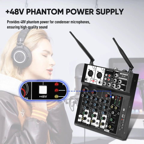 4 Channel Audio Mixer For Karaoke And DJ Sessions With Dual Wireless Microphones Independent Mic Control Bluetooth MP3 USB Interface 48V Phantom Power For PC Studio Recording And Party Boss Sound Board next to woman singing.