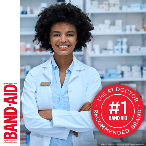 Pharmacist standing in pharmacy with 'Band-Aid #1 Doctor Recommended Brand' endorsement seal.