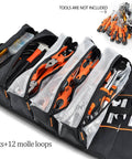 Roll Up Tool Organizer Bag For Mechanics, Electricians, And Bike Riders, 13 Pockets With 5 Large Zip Bags, tools displayed inside.