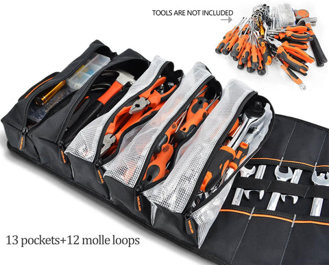 Roll Up Tool Organizer Bag For Mechanics, Electricians, And Bike Riders, 13 Pockets With 5 Large Zip Bags, tools displayed inside.