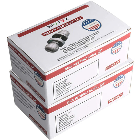 Packaging for Bathroom Privacy Door Lock With Large Indicator Window And Thumbturn ANSI Grade 2, showing product image and details.