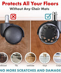Replacement Chair Wheels Set Of 5 Dual 2 Inch Soft Casters For Hardwood Floors Vinyl Tile And All Floor Surfaces Heavy Duty Safe For Computer Gaming And Desk Chairs Black Lifetime Warranty, two casters showing floor protection.