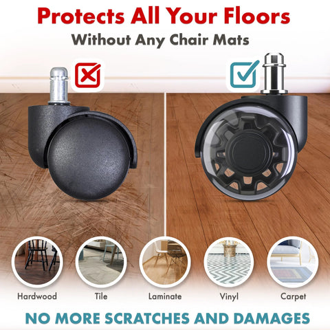 Replacement Chair Wheels Set Of 5 Dual 2 Inch Soft Casters For Hardwood Floors Vinyl Tile And All Floor Surfaces Heavy Duty Safe For Computer Gaming And Desk Chairs Black Lifetime Warranty, two casters showing floor protection.