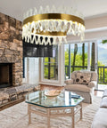 Gold Crystal Chandelier Modern Round Pendant Light With 3 Way Switch LED Crystal Lighting For Dining Room Kitchen Island Bedroom 23.6 Inch Diameter Ceiling Fixture in a living room.