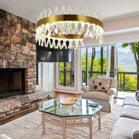 Gold Crystal Chandelier Modern Round Pendant Light With 3 Way Switch LED Crystal Lighting For Dining Room Kitchen Island Bedroom 23.6 Inch Diameter Ceiling Fixture in a living room.