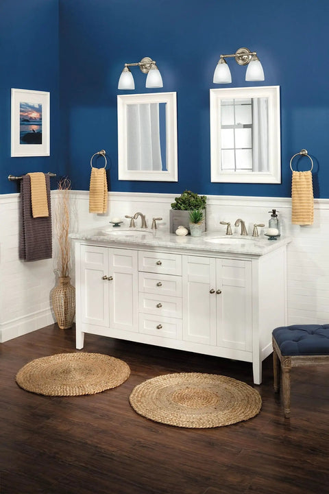 Bathroom with Brantford Style 2-Light Dual-Mount Vanity Light in Brushed Nickel with Frosted Glass above mirrors