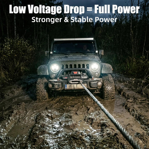 24 Foot 2 AWG Heavy Duty Winch Cable With Quick Disconnect For ATV UTV Truck And Trailer, Low Voltage Drop, Reliable Power For Off Road Recovery And Towing, 22Ft Plus 2Ft Configuration, muddy Jeep pulling cable