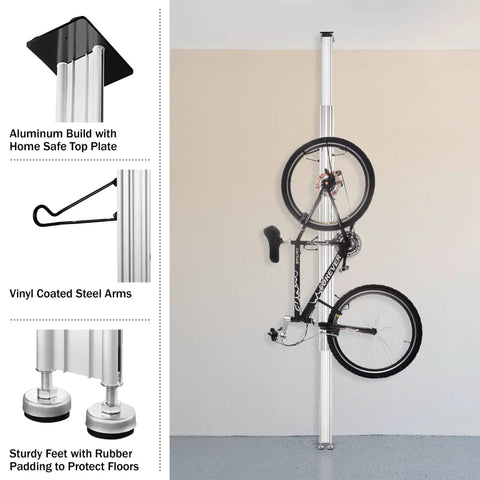 Aluminum ceiling bike rack with adjustable height mount for two bikes heavy duty garage storage and display stand up to 200 lbs protects ceiling with top plate easy install