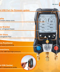 AC Manifold Gauge Gear For HVAC With Bluetooth, Pro Grade Recharge Kit, And 2 Wired Temperature Probes, Superheat And Subcooling Readouts For Air Conditioning, Refrigeration, And Heat Pumps. Front view of digital manifold gauge with display and hose ports