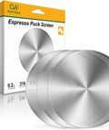 Front view of three espresso puck screens, 53.3mm diameter, 0.2mm thick, 316 stainless steel, 3-pack.