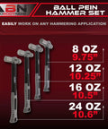 Ball Pein Hammer Set 4-Piece With 8, 12, 16, 24 Oz Hammers, Fiberglass Handles, Carbon Steel Build, size comparison chart