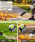Person using Cordless Leaf Blower 650 CFM With Dual 4.0Ah Batteries And Charger, Lightweight Yard And Patio Cleaner, clearing leaves