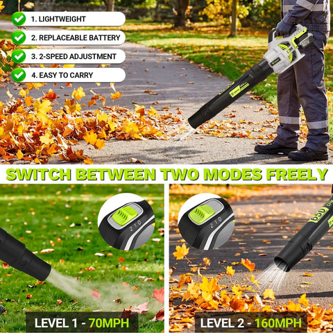 Person using Cordless Leaf Blower 650 CFM With Dual 4.0Ah Batteries And Charger, Lightweight Yard And Patio Cleaner, clearing leaves
