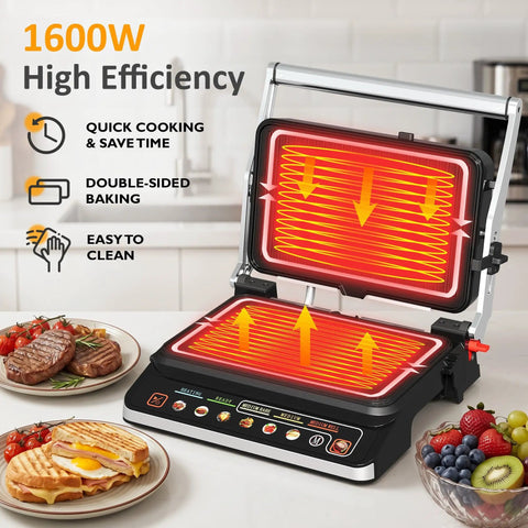 Kick Up Your Dinner Game With This Badass 3-In-1 Electric Grill Indoor featuring red heating elements and control panel.