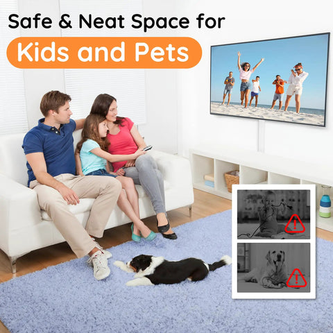 Family in living room with 236 Inch Wall Cable Hider Kit For TVs Easy DIY Wire Concealer Raceway, safe for kids and pets.