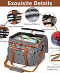 3 Piece Crochet Bag Set With Wrist Yarn Holder Large Waterproof Yarn Tote Knitting Organizer With Adjustable Strap featuring details like waterproof material, heavy-duty velcro, and durable zipper in black stripes.